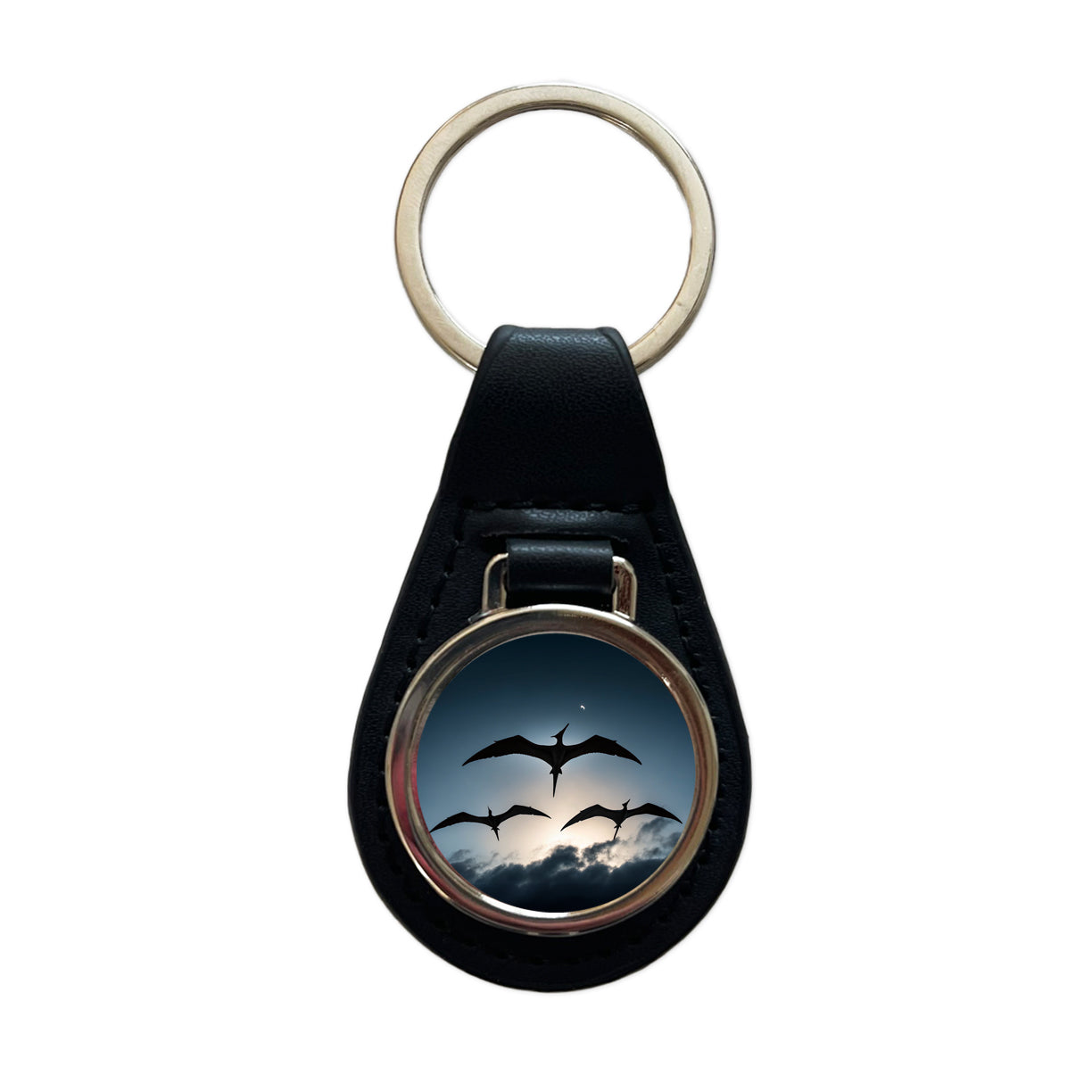 Pterodactylus Silhouettes Flying Dinosaurs Black Leather Metal Keychain