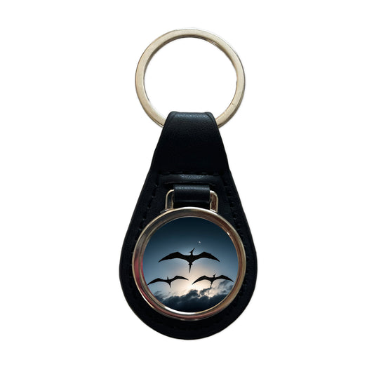 Pterodactylus Silhouettes Flying Dinosaurs Black Leather Metal Keychain