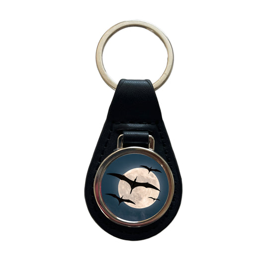 Pterodactylus Silhouettes Night Dinosaurs Black Leather Metal Keychain