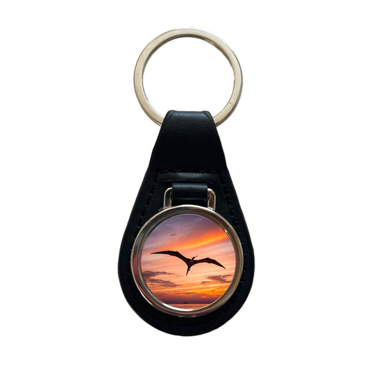 Pterodactylus Sunset Dinosaur Black Leather Metal Keychain
