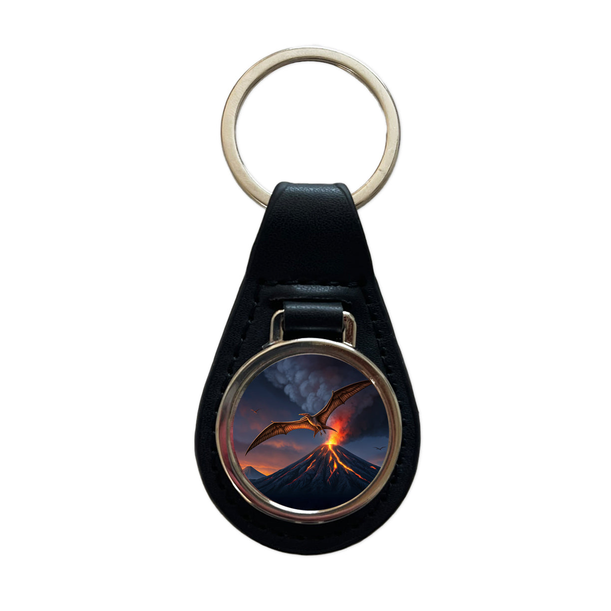 Pterodactylus Volcano Erupting Dinosaur Black Leather Metal Keychain