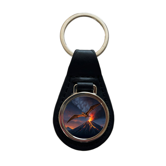 Pterodactylus Volcano Erupting Dinosaur Black Leather Metal Keychain