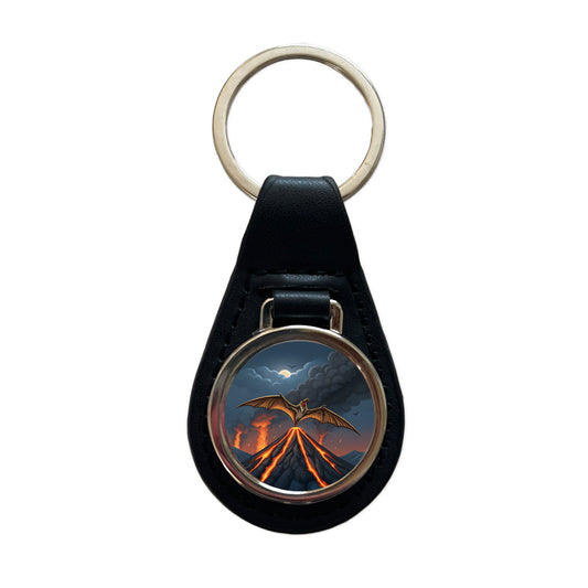 Pterodactylus Volcano Flying Dinosaur Black Leather Metal Keychain