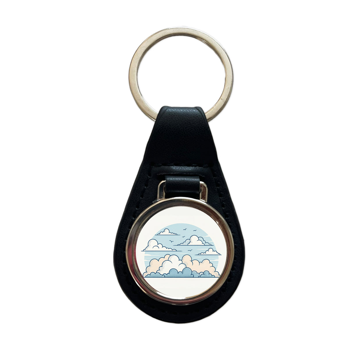 Puffy Clouds Minimalist Cute Sky Black Leather Metal Keychain