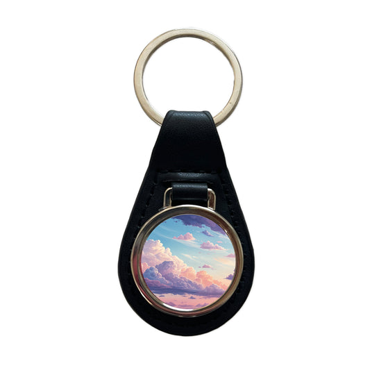 Puffy Clouds Pastel Sky Stunning Black Leather Metal Keychain