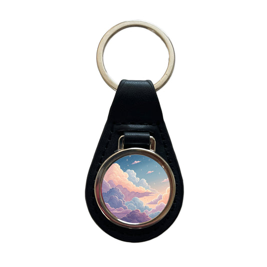 Puffy Clouds Sky Pastel Beautiful Black Leather Metal Keychain