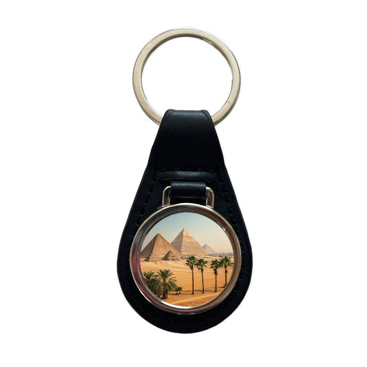 Pyramids Of Giza Travel Egypt Black Leather Metal Keychain