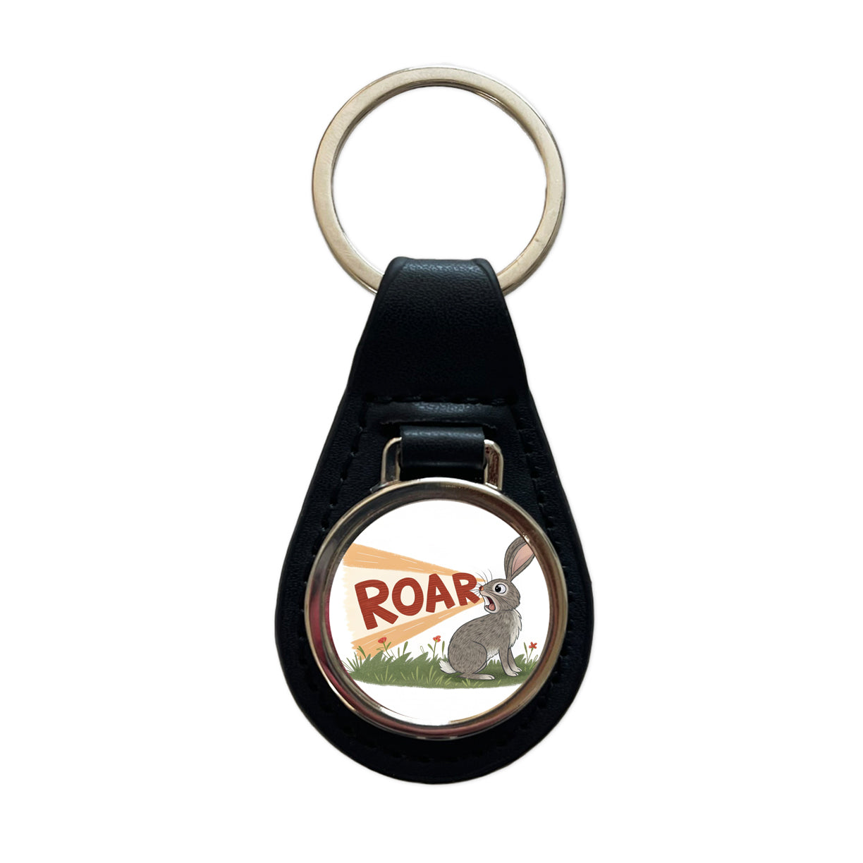 Rabbit Roar Bold Text Funny Black Leather Metal Keychain