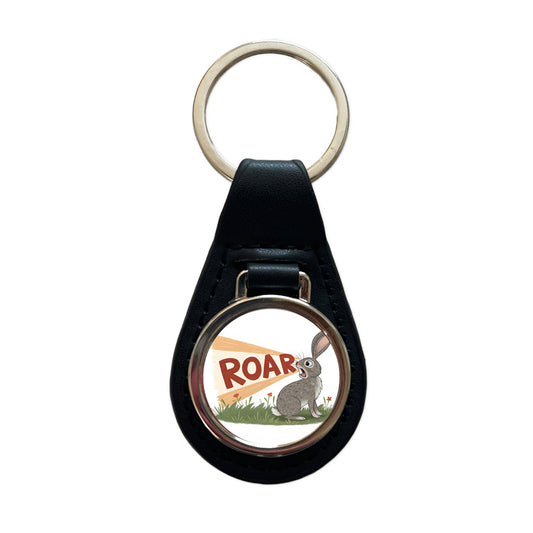 Rabbit Roar Bold Text Funny Black Leather Metal Keychain