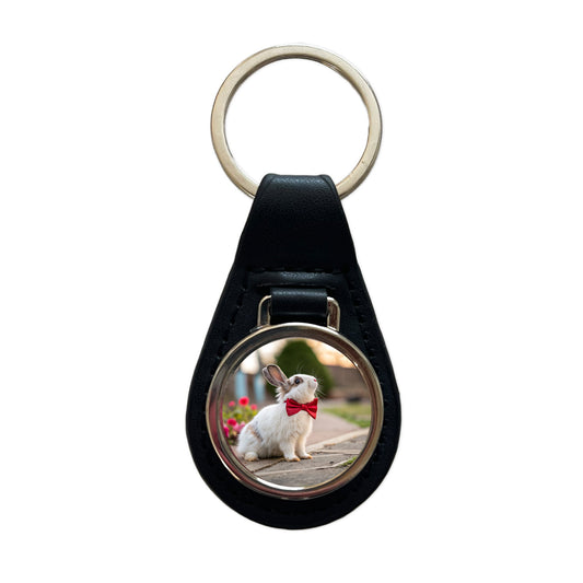 Rabbit Wearing Bow Tie Funny Easter Black Leather Metal Keychain