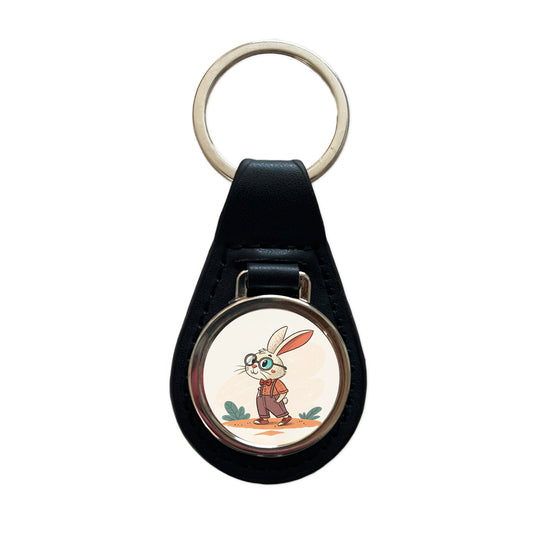 Rabbit Wearing Glasses Nerdy Cute Easter Black Leather Metal Keychain