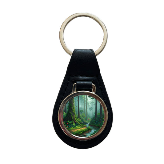Rain Forest Beautiful Stream Black Leather Metal Keychain