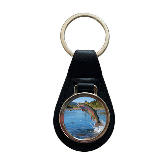 Rainbow Trout Fish Jumping Fishing Black Leather Metal Keychain