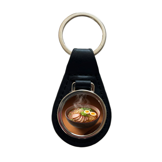Ramen Bowl Noodles Dinner Black Leather Metal Keychain