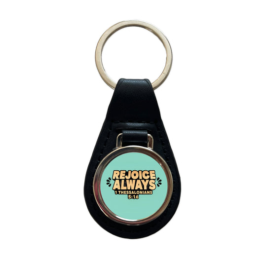 Rejoice Always Bible Verse Black Leather Metal Keychain