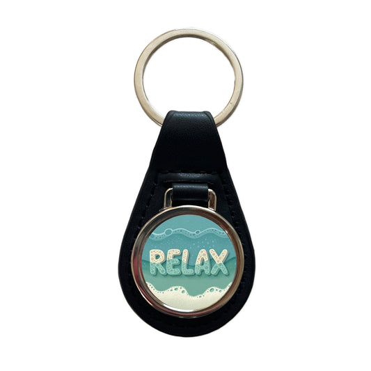 Relax Sea Foam Ocean Beach Black Leather Metal Keychain