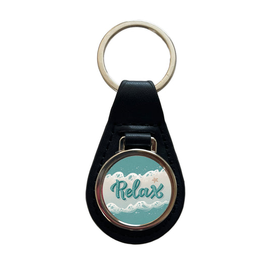 Relax Sea Foam Ocean Black Leather Metal Keychain