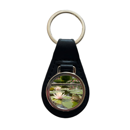 Relaxed Frog On A Lily Pad Black Leather Metal Keychain