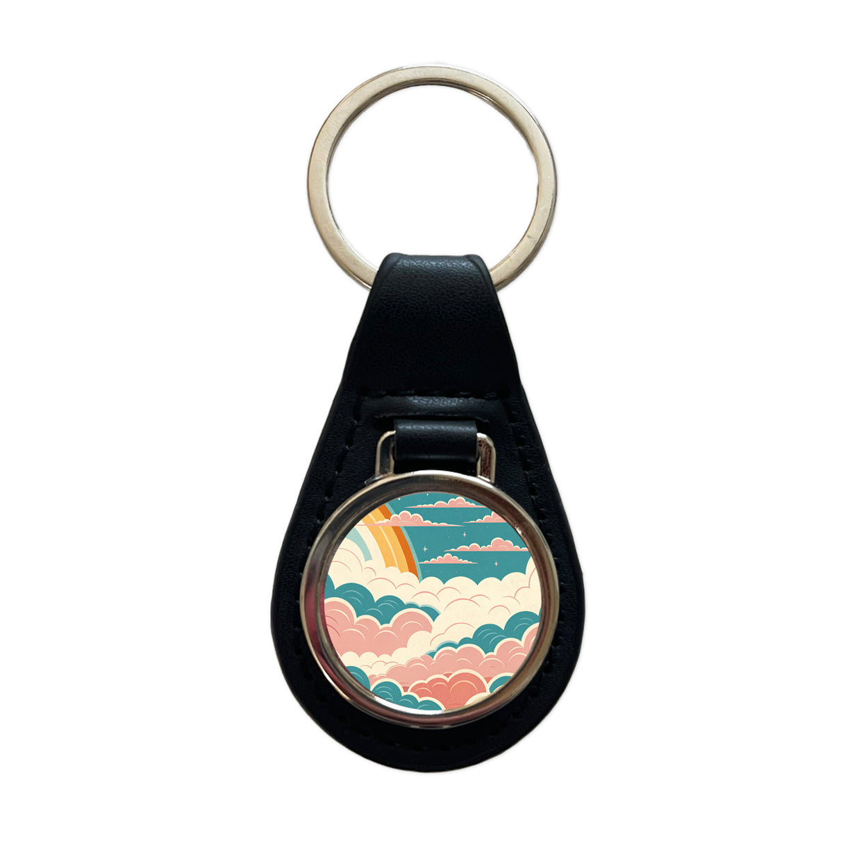 Repeating Puffy Clouds Retro Style Black Leather Metal Keychain