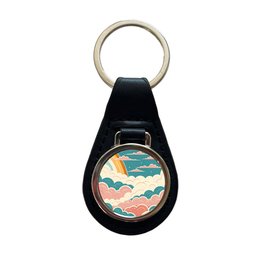 Repeating Puffy Clouds Retro Style Black Leather Metal Keychain