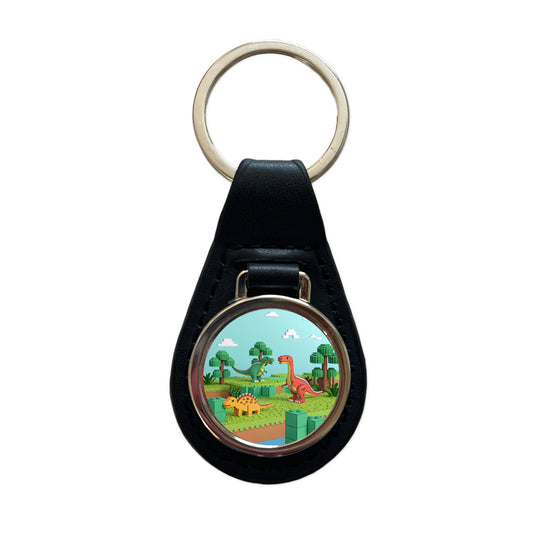 Retro 8 Bit Pixel Art Style Dinosaurs Roaming Black Leather Metal Keychain