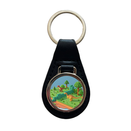 Retro 8 Bit Pixel Art Style Dinosaurs Black Leather Metal Keychain