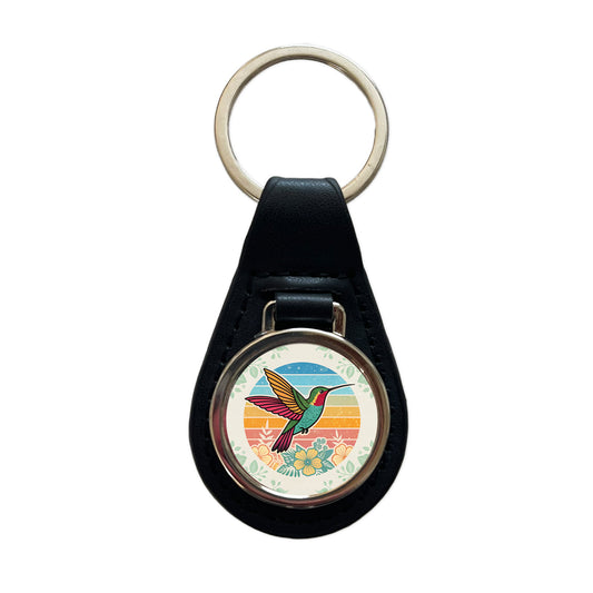 Retro Hummingbird Colorful Black Leather Metal Keychain