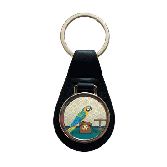 Retro Macaw Phone Bird Black Leather Metal Keychain