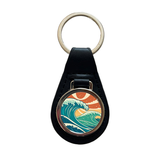 Retro Ocean Waves Colorful Drawing Black Leather Metal Keychain