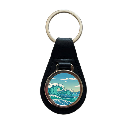 Retro Ocean Waves High Surf Black Leather Metal Keychain