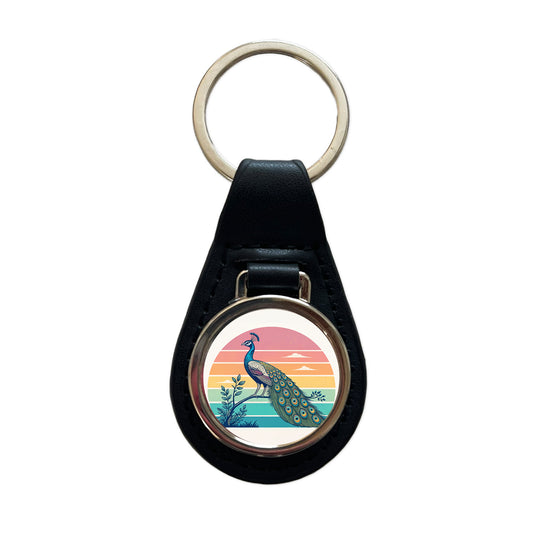 Retro Peacock Black Leather Metal Keychain