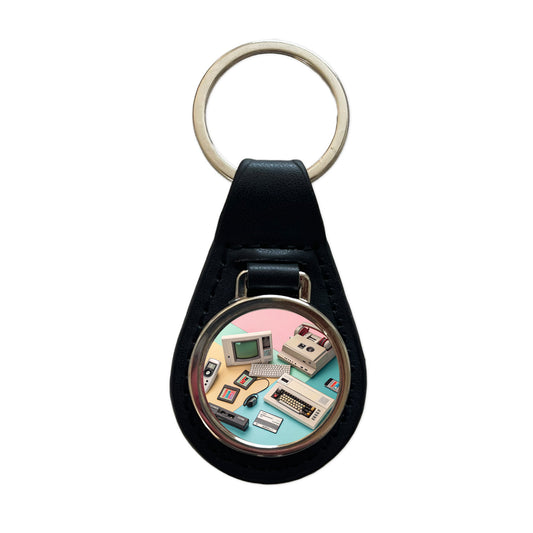 Retro Technology Collage Computer Black Leather Metal Keychain