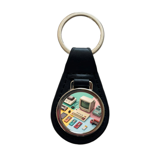 Retro Technology Device Computer Collage Black Leather Metal Keychain