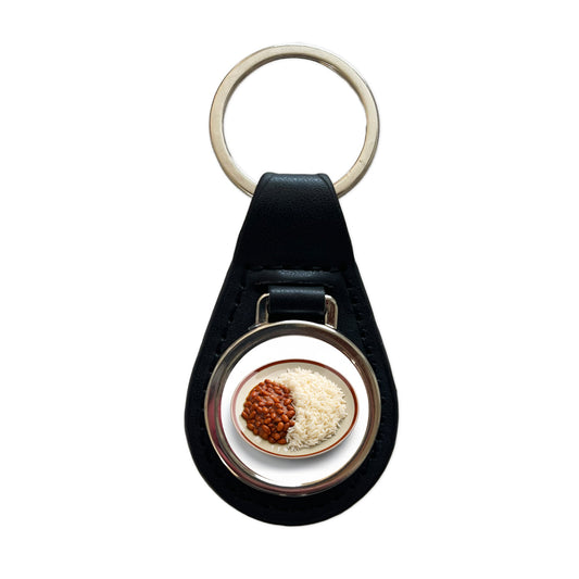 Rice And Beans Cheap Dinner Black Leather Metal Keychain