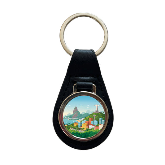 Rio De Janeiro Brazil Travel Drawing Black Leather Metal Keychain
