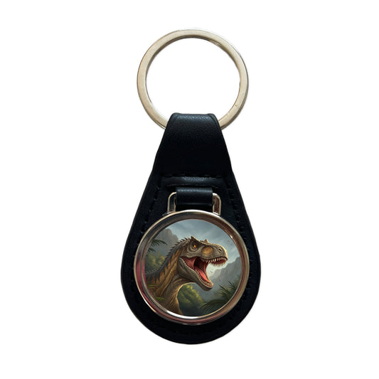 Roaring Allosaurus Dinosaur Mountains Black Leather Metal Keychain