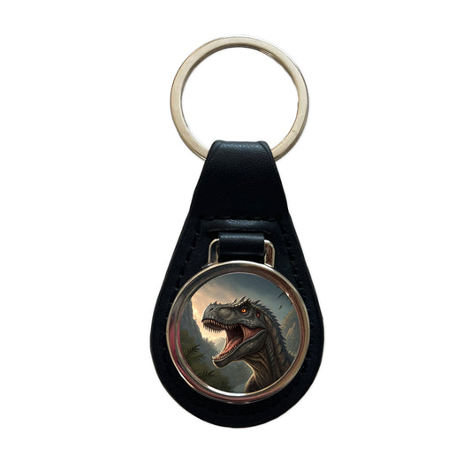 Roaring Allosaurus Dinosaur Black Leather Metal Keychain
