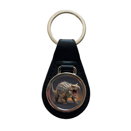 Roaring Ankylosaurus Dinosaur Black Leather Metal Keychain