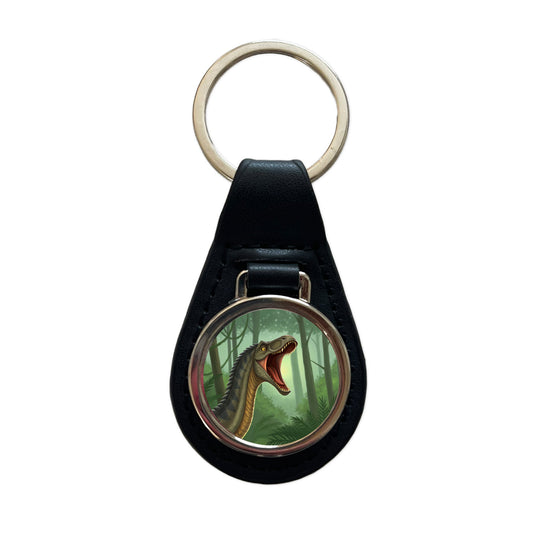Roaring Apatosaurus Dinosaur Forest Black Leather Metal Keychain