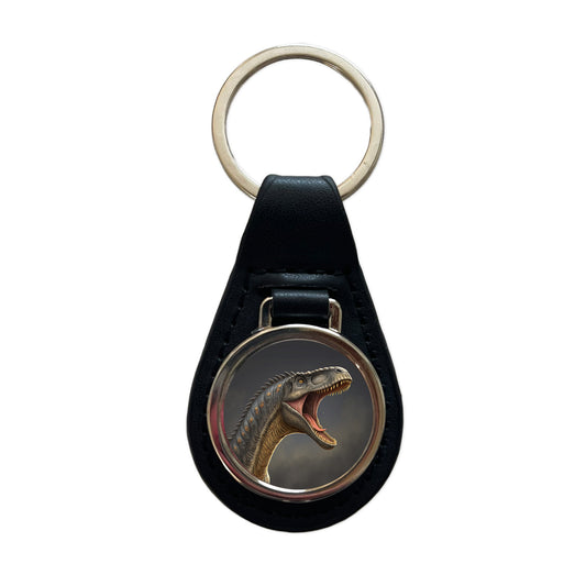 Roaring Apatosaurus Dinosaur Black Leather Metal Keychain