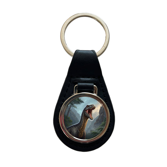 Roaring Argentinosaurus Dinosaur Mountains Black Leather Metal Keychain