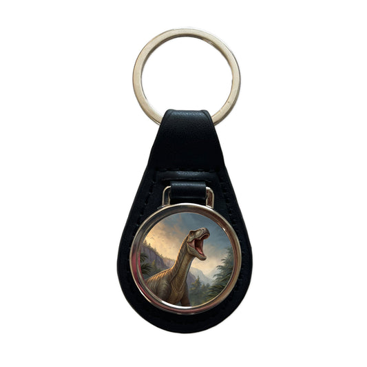 Roaring Argentinosaurus Dinosaur Black Leather Metal Keychain