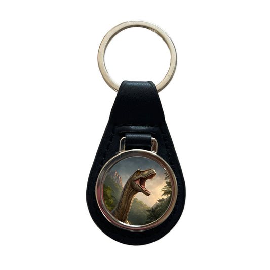 Roaring Brachiosaurus Dinosaur Forest Black Leather Metal Keychain