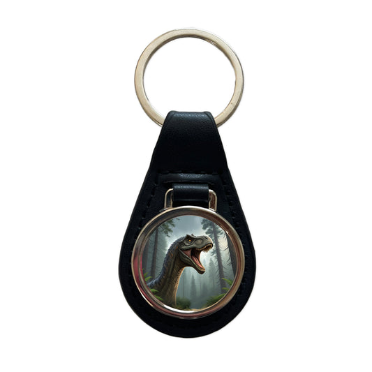 Roaring Brachiosaurus Dinosaur Black Leather Metal Keychain