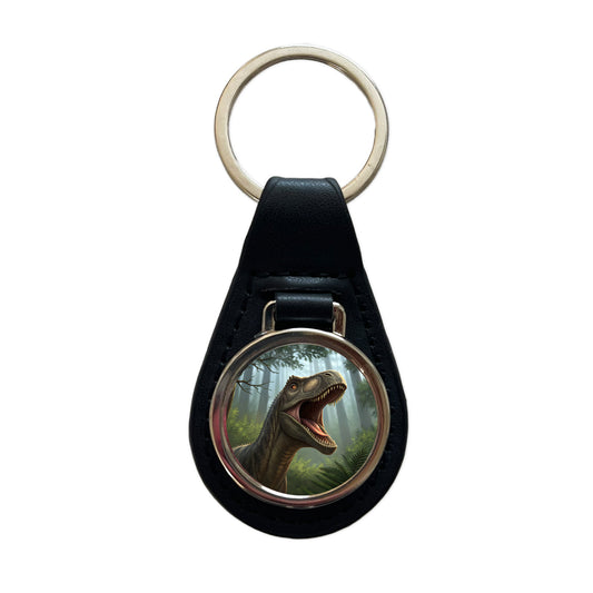 Roaring Brontosaurus Dinosaur Forest Black Leather Metal Keychain