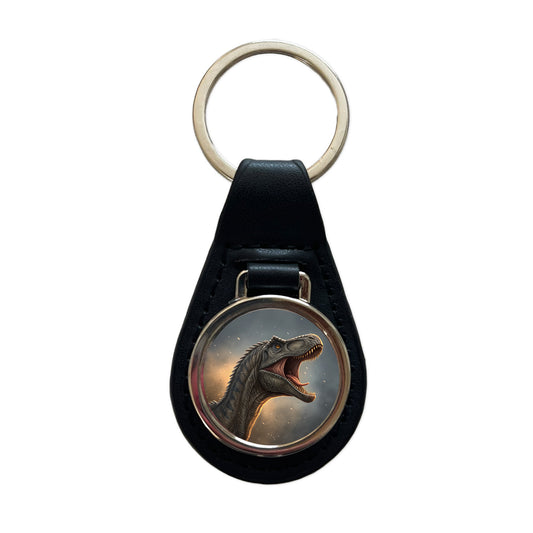 Roaring Brontosaurus Dinosaur Black Leather Metal Keychain
