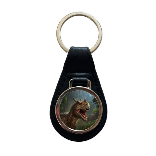 Roaring Carnotaurus Dinosaur Scary Black Leather Metal Keychain