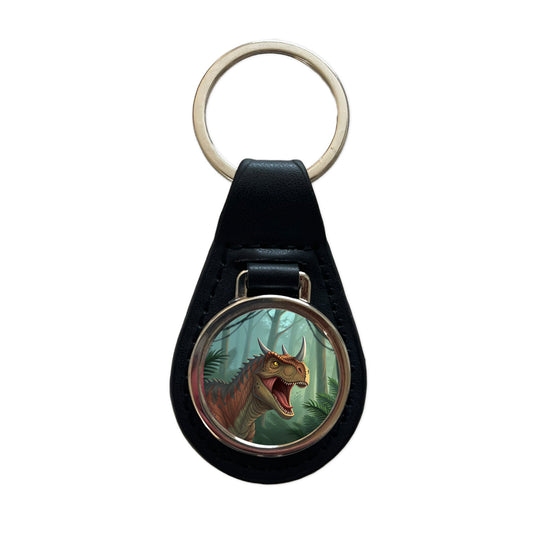 Roaring Carnotaurus Dinosaur Black Leather Metal Keychain