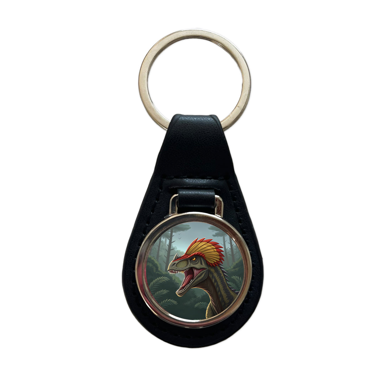 Roaring Dilophosaurus Dinosaur Scary Black Leather Metal Keychain
