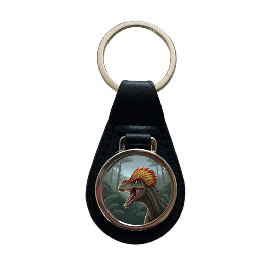 Roaring Dilophosaurus Dinosaur Scary Black Leather Metal Keychain